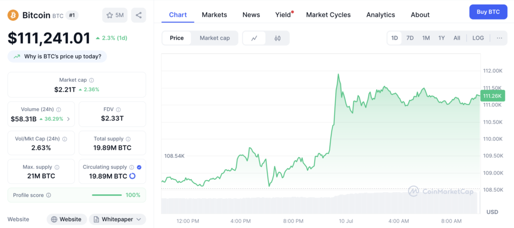 نمودار قیمت و اطلاعات بازار بیت کوین - منبع: CoinMarketCap